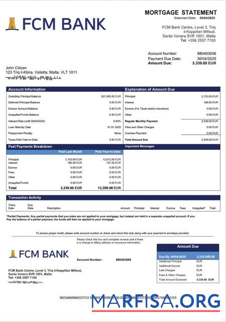 Blank Malta FCM Bank mortgage statement Word and PDF template